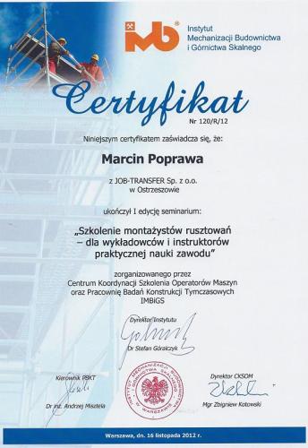 Certyfikat z I edycji seminarium nt. Szkolenia Montazystow Rusztowan IMBiGS